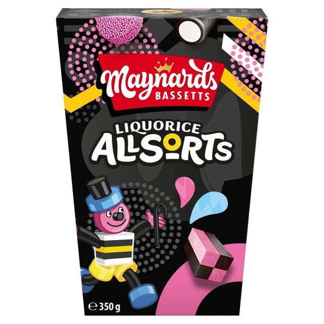 Bassett's Maynards Liquorice Allsorts carton back label highlighting ingredients and gifting potential