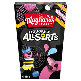 Bassett's Maynards Liquorice Allsorts carton front view with assorted flavors for sharing