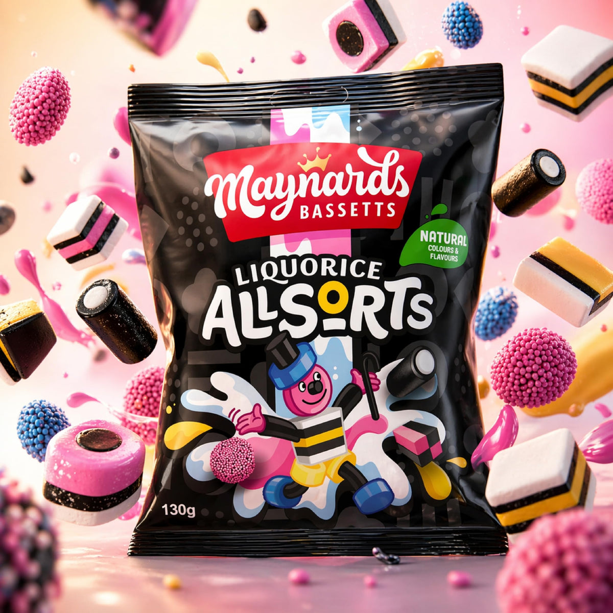 Bassett's Allsorts mix features licorice candies with colorful coatings.