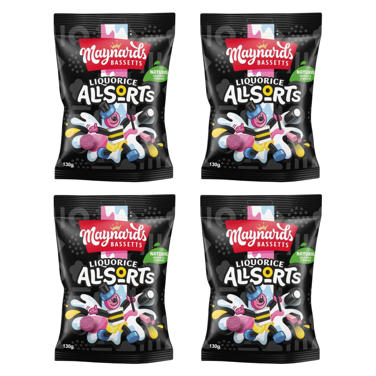 Bassett's Liquorice Allsorts 130g four-pack, vibrant sweets perfect for sharing.