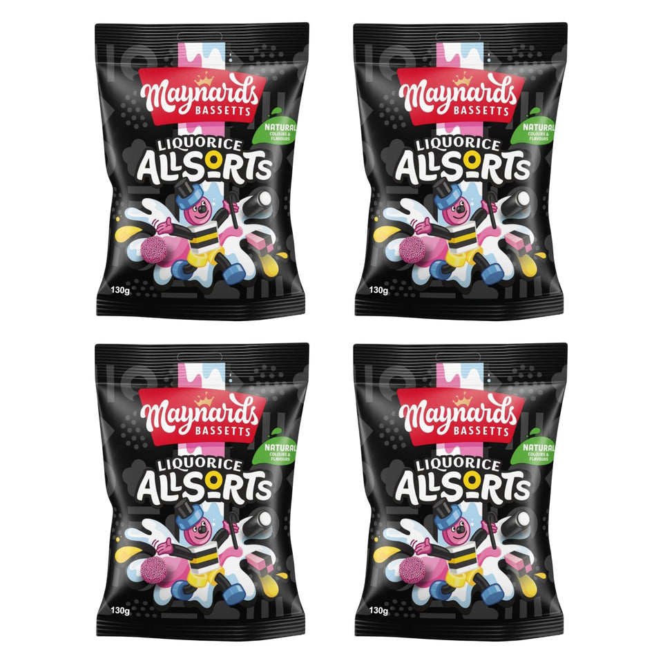 Bassett's Liquorice Allsorts 130g four-pack, vibrant sweets perfect for sharing.