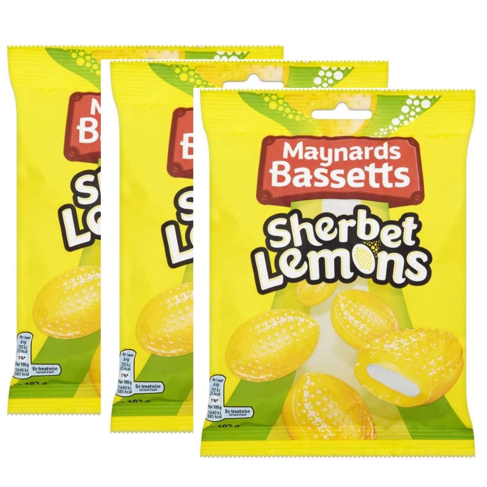 Bassett's Sherbet Lemons triple-pack front view, a shareable citrus treat with crisp shell.