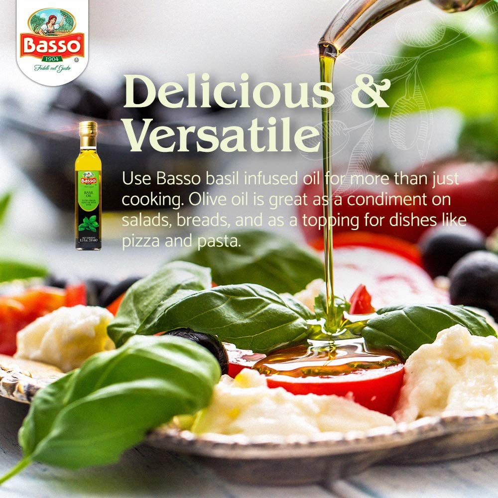 BASSO 1904 aromatic basil oil atop a prepared dish for aroma.