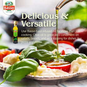 BASSO 1904 aromatic basil oil atop a prepared dish for aroma.