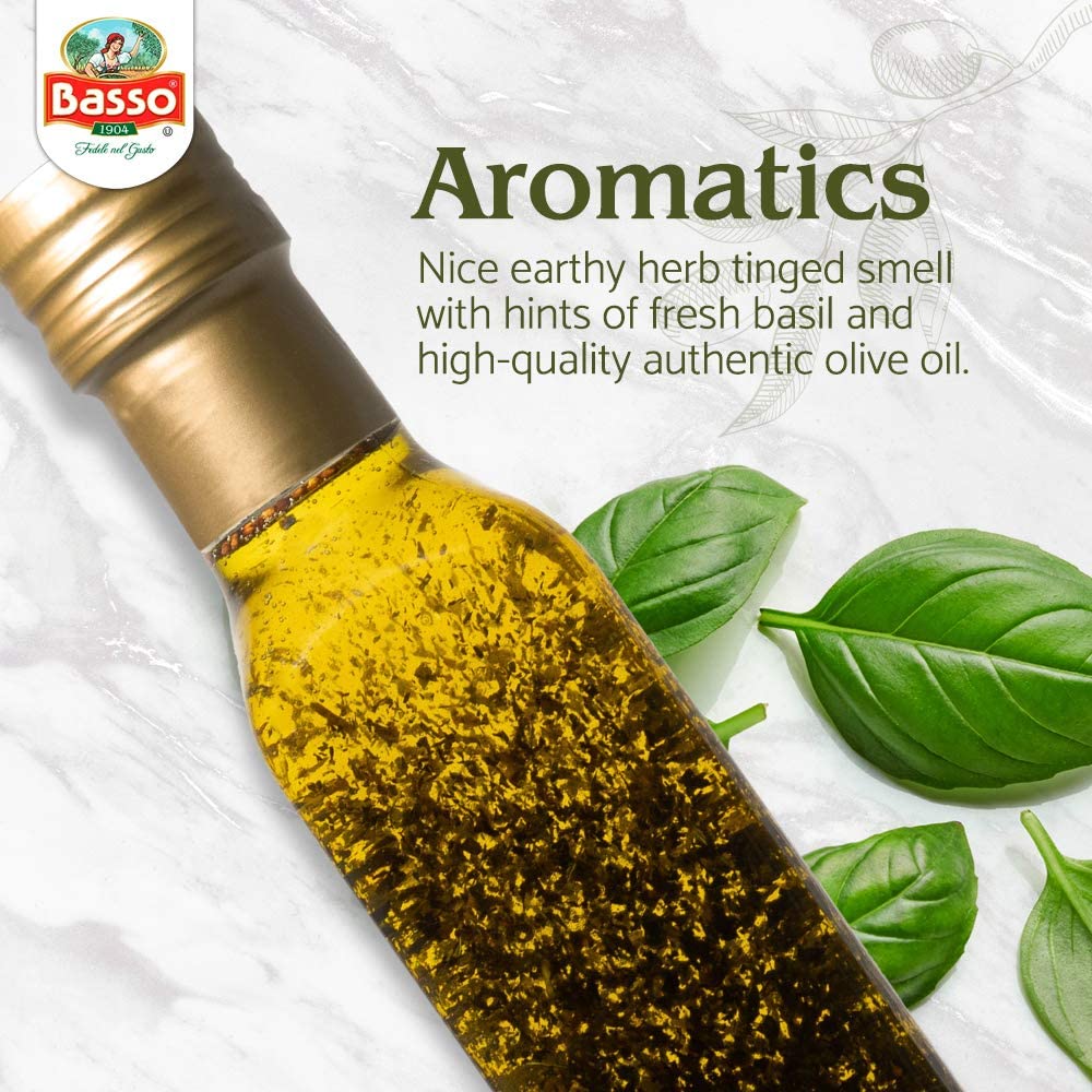 BASSO 1904 basil-infused EVOO for tasting and finishing dishes.