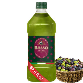 BASSO 1904 Italian grapeseed oil bottle on a kitchen counter for light, neutral cooking.