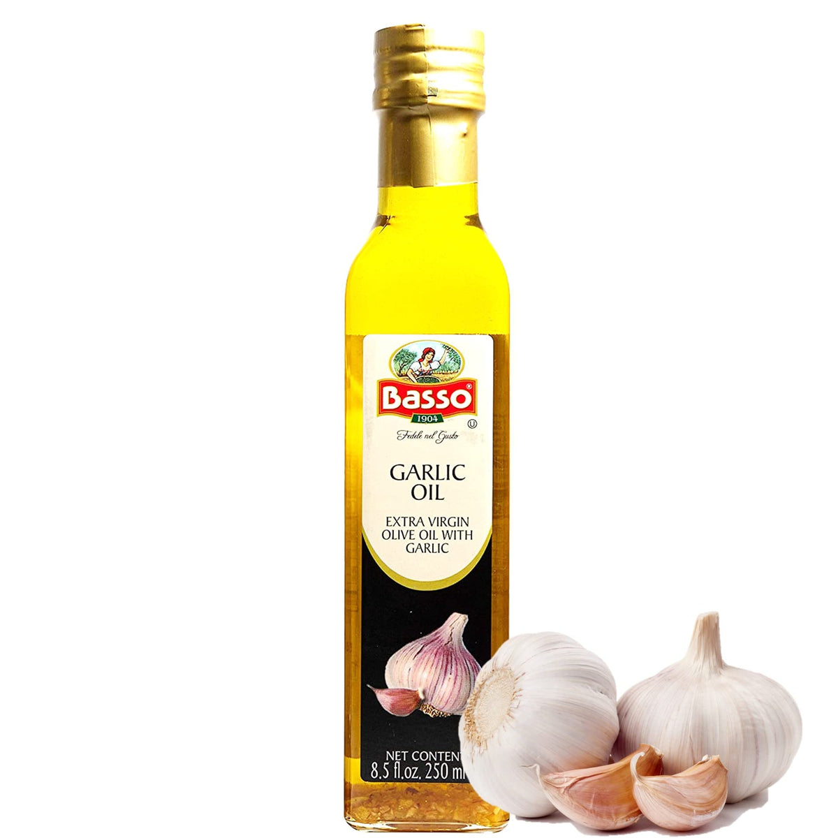BASSO 1904 garlic oil bottle, premium EVOO for versatile cooking.