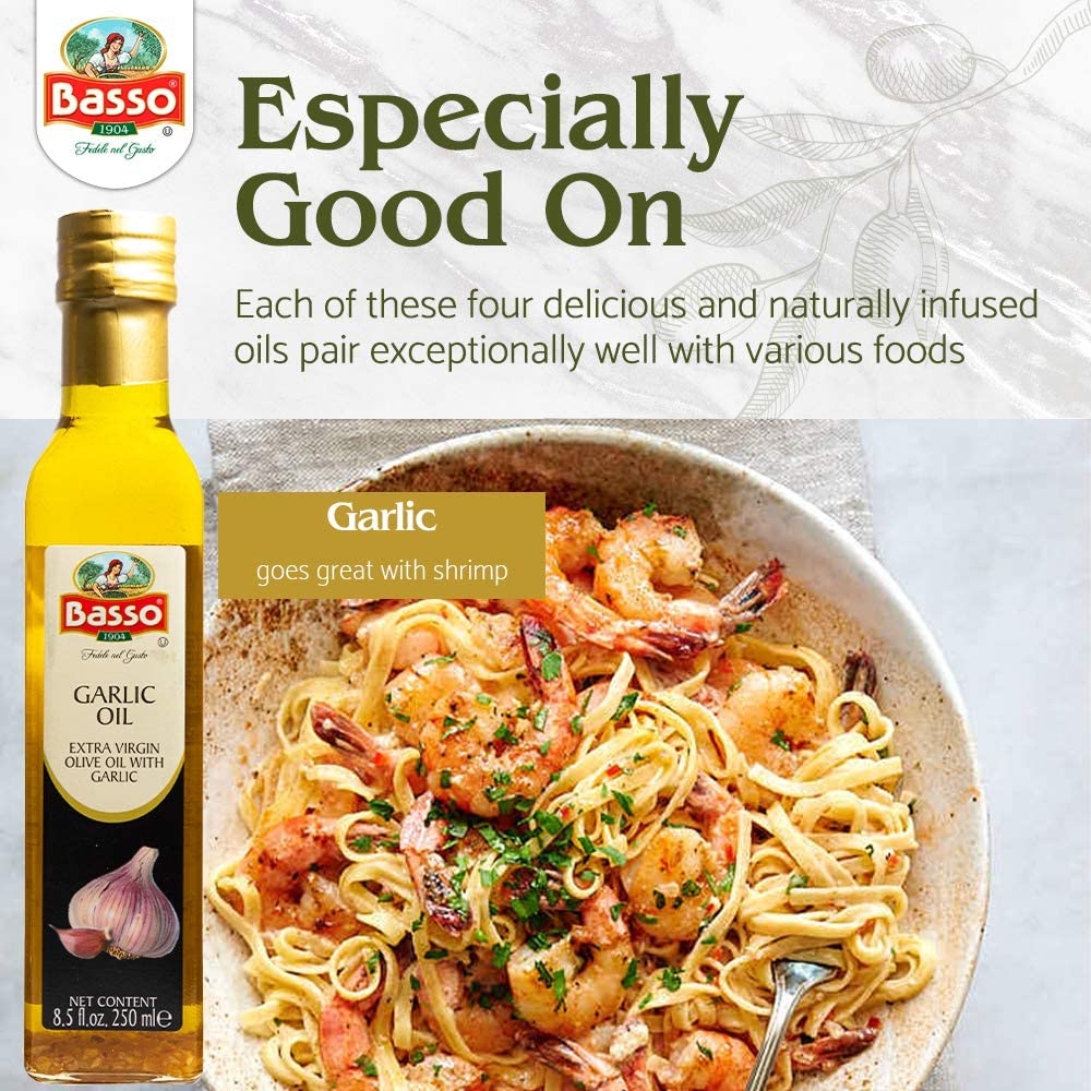 Pouring BASSO 1904 garlic oil, ideal for dipping and finishing dishes.