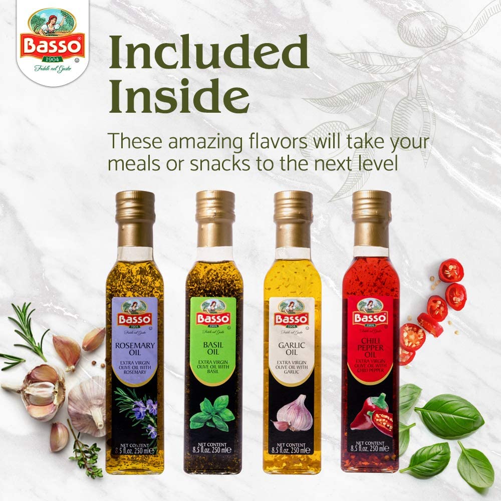 BASSO 1904 gift box with four infused olive oil bottles.