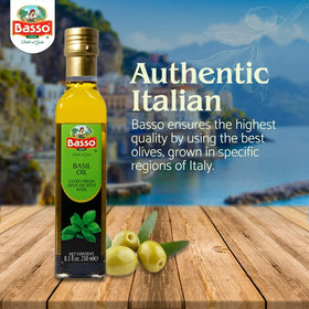 BASSO 1904 basil-infused olive oil bottle boosts salads and pasta with brightness.