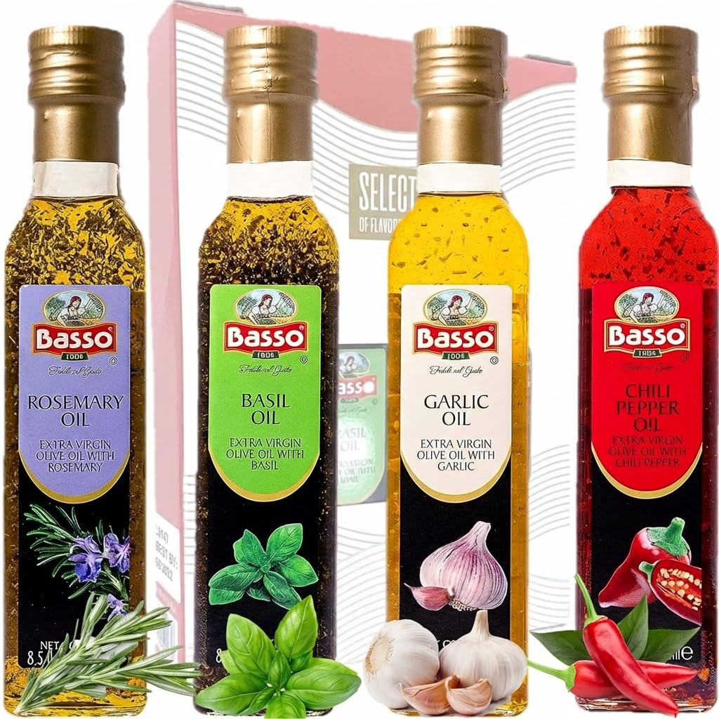 BASSO 1904 garlic-infused olive oil bottle for savory dips and roasting.