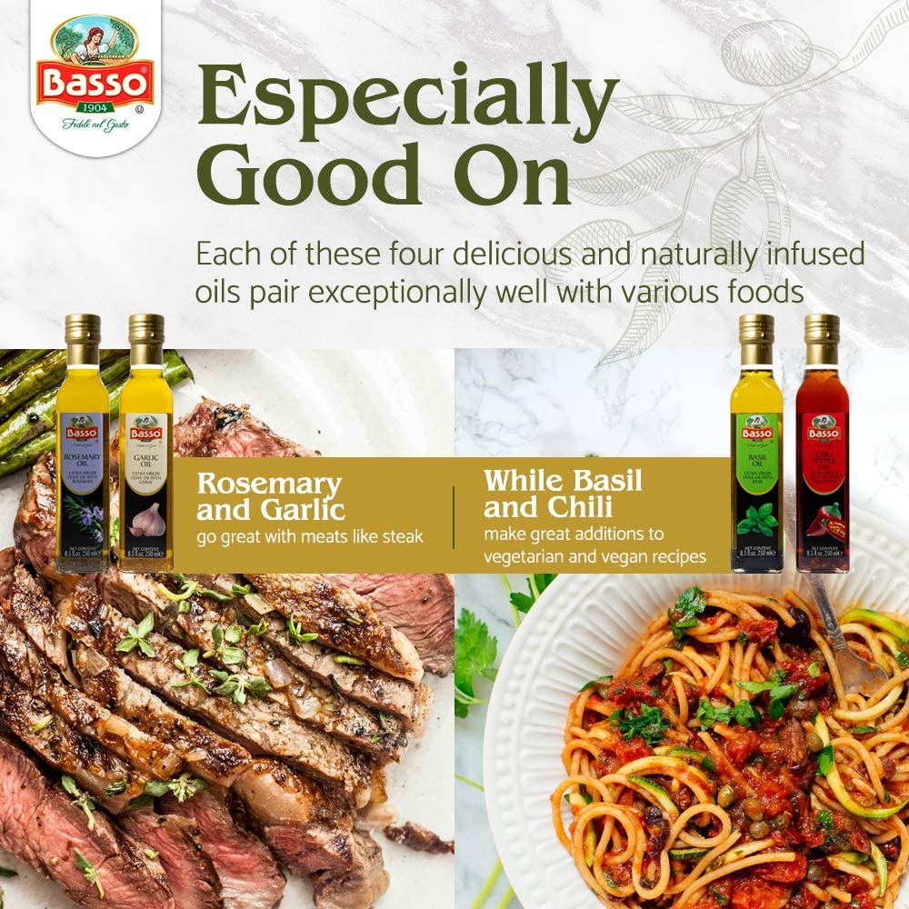 BASSO 1904 rosemary-infused olive oil bottle adds aroma to roasted dishes.