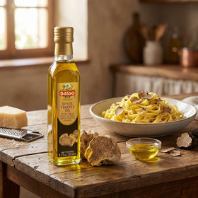 Pizza served with a delicate BASSO 1904 truffle oil finish for aroma.