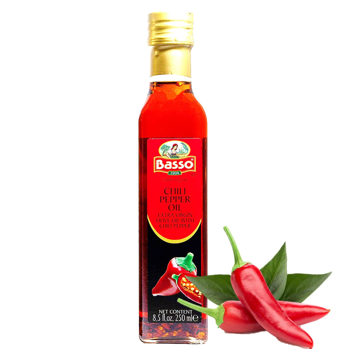 BASSO 1904 spicy chili oil being poured to add bold heat to dishes.