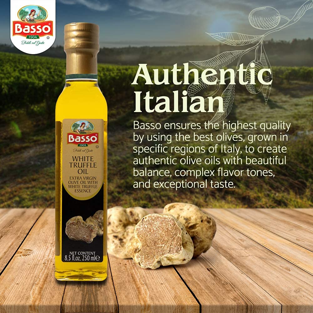 Sliced steak finished with BASSO 1904 truffle oil for depth.