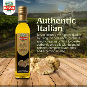 Sliced steak finished with BASSO 1904 truffle oil for depth.