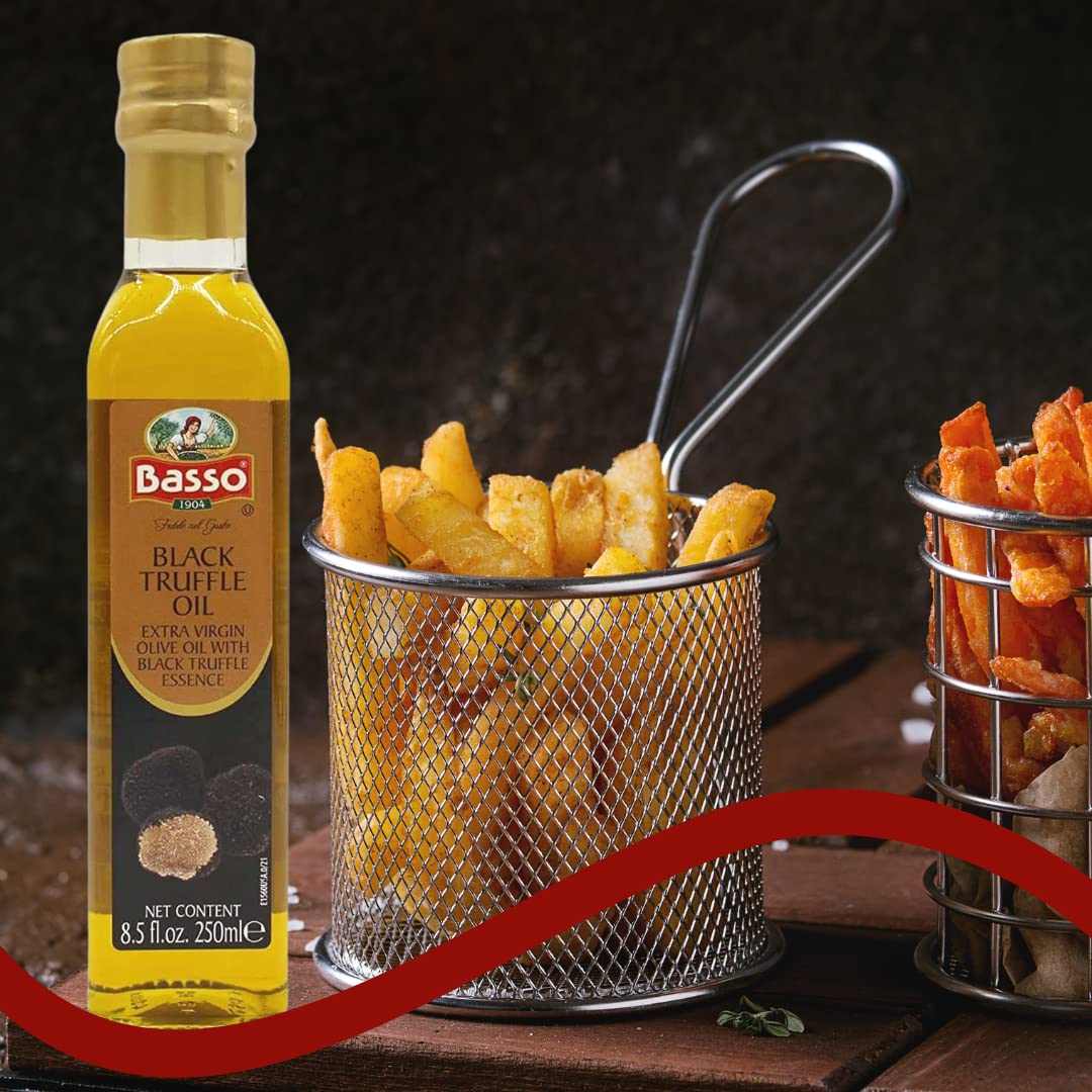 BASSO 1904 truffle oil finishing pour enhances flavor in meals.