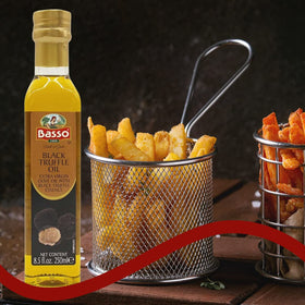 BASSO 1904 truffle oil finishing pour enhances flavor in meals.