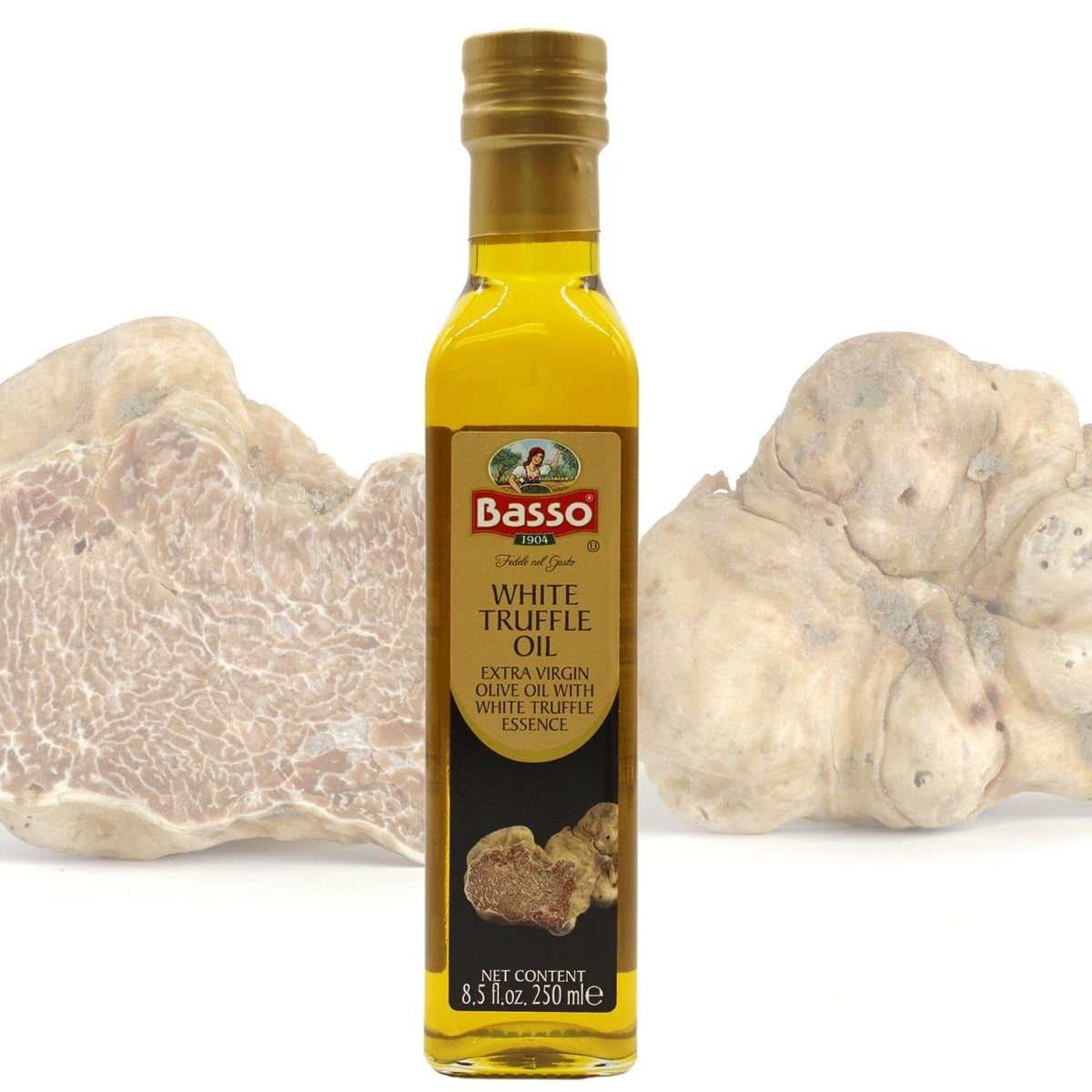 BASSO 1904 label closeup emphasizes authenticity and real truffle infusion