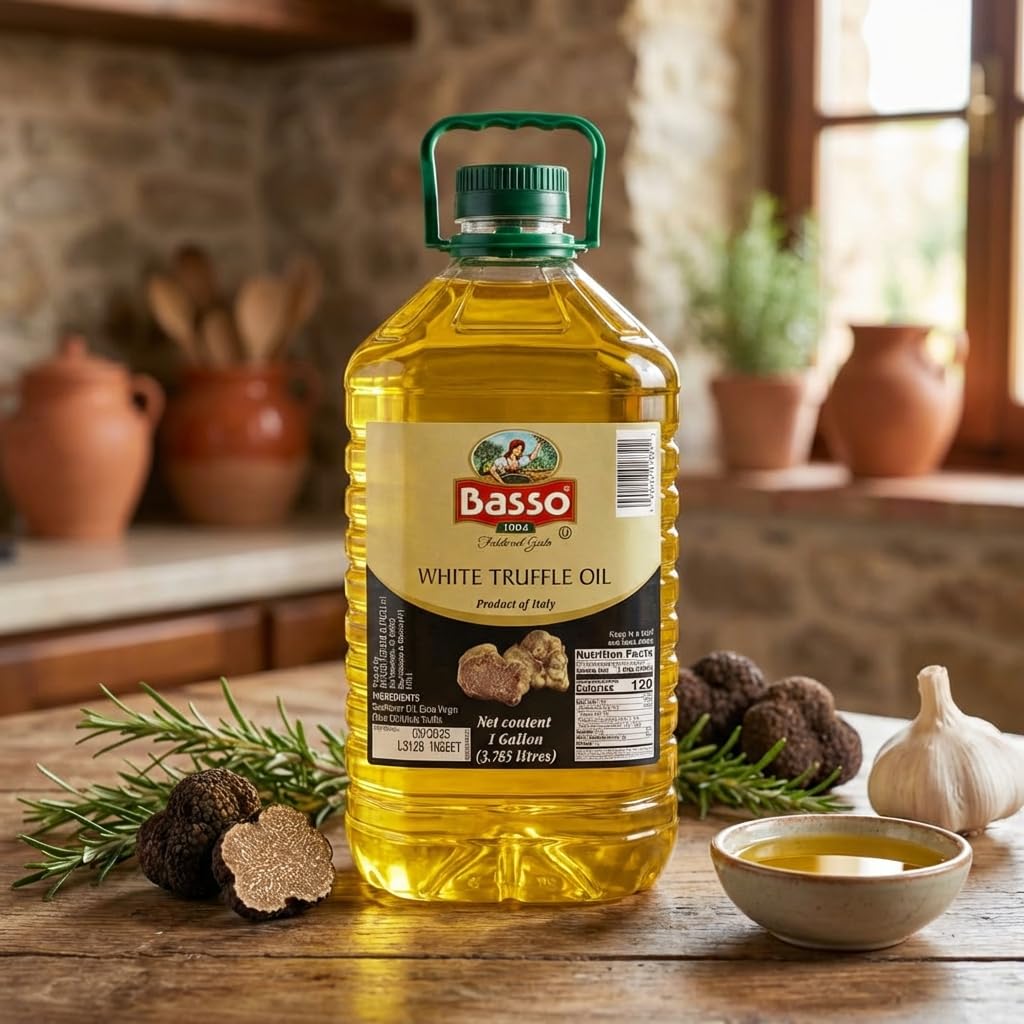 Basso 1904 truffle oil drizzle on pizza for savory finish