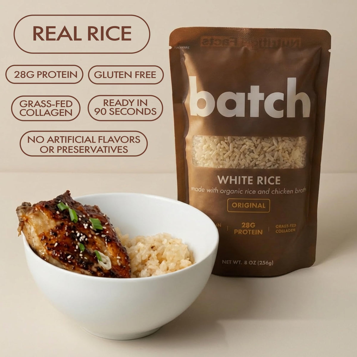 Batch Foods collagen-enriched rice pouch showing 28g protein per serving