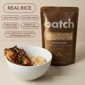 Batch Foods collagen-enriched rice pouch showing 28g protein per serving