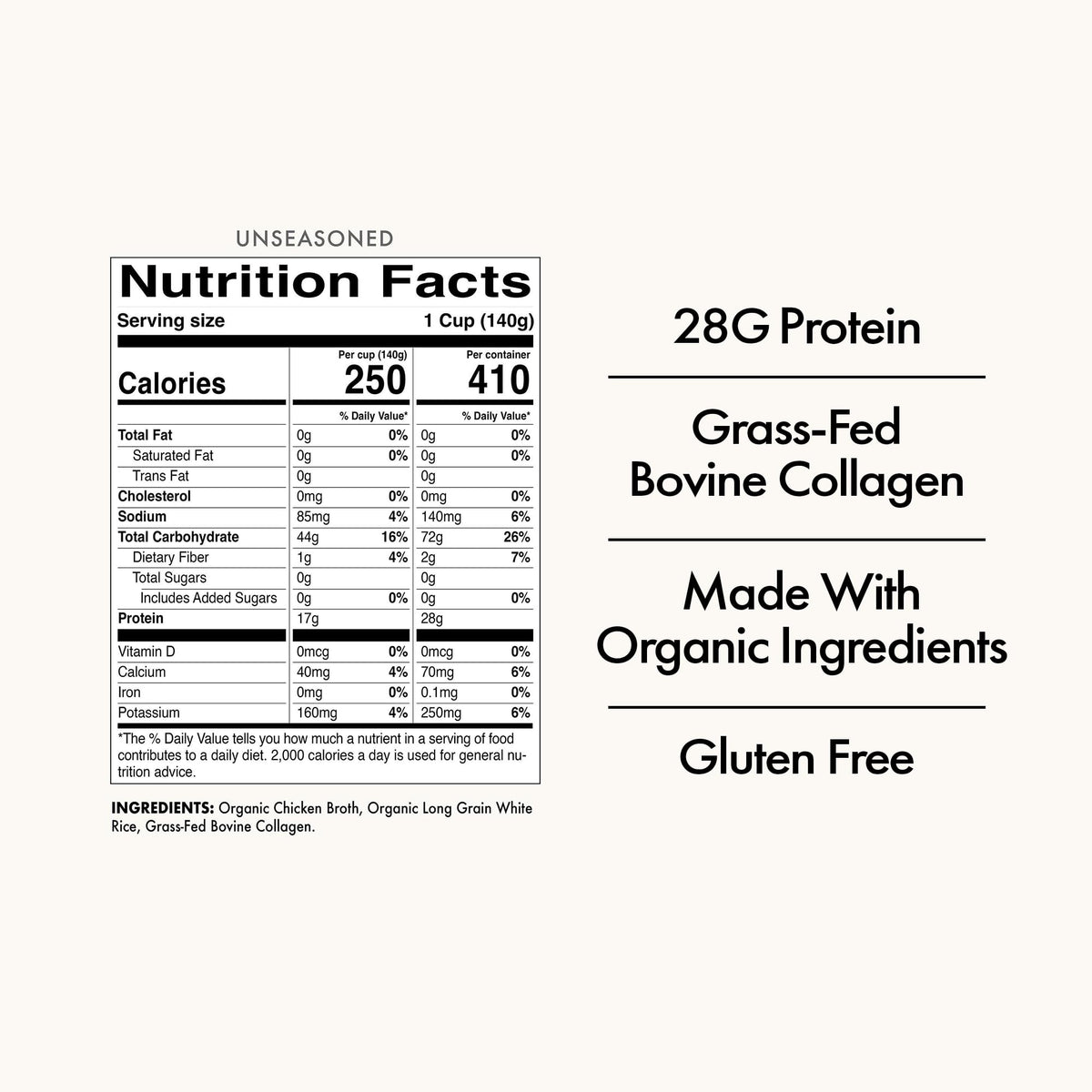 Batch Foods made in USA seal with collagen nutrition details