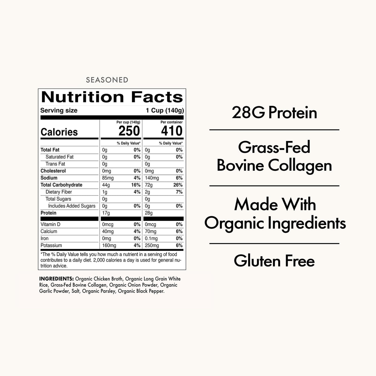 Batch Foods organic long-grain white rice ingredients label highlighting gluten-free