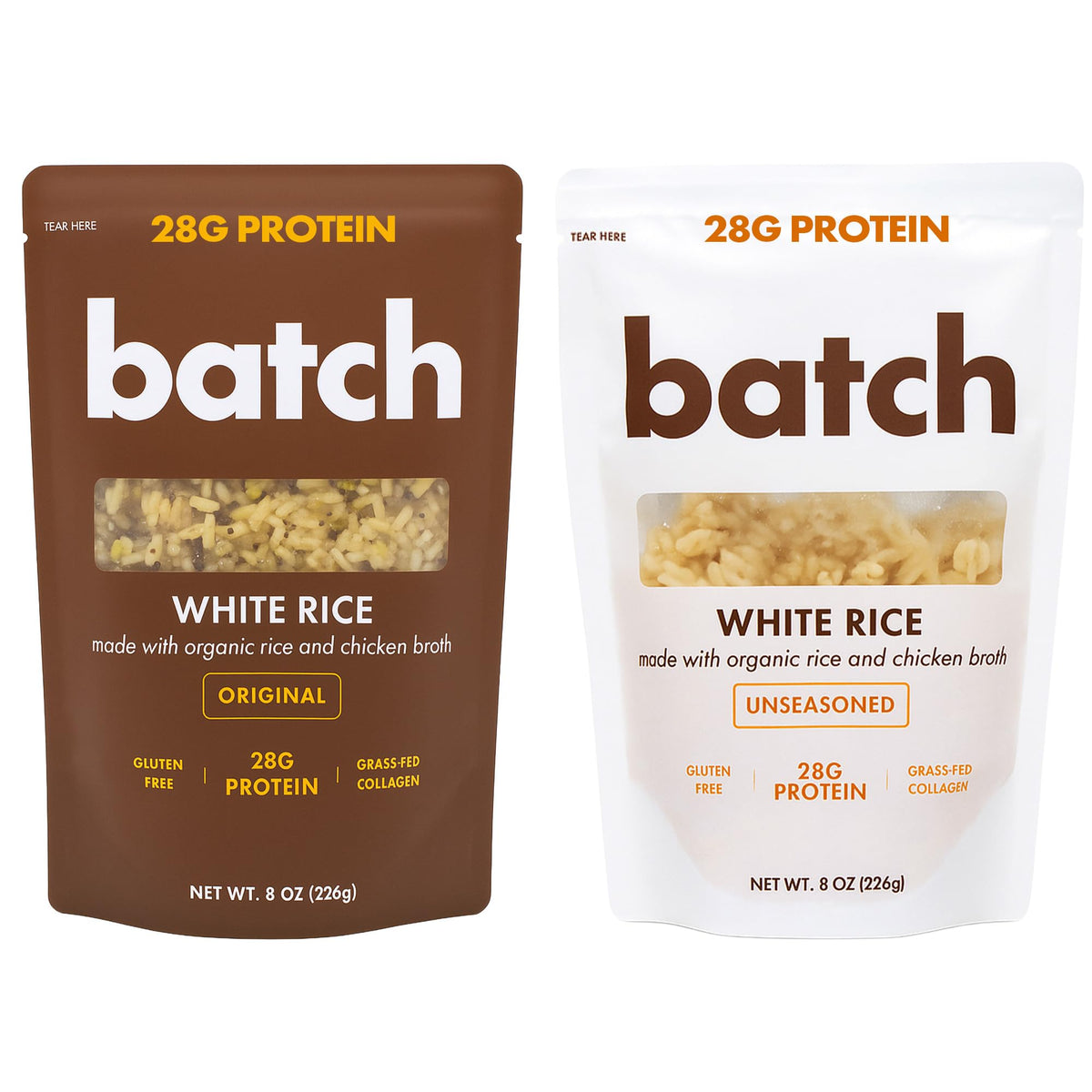 Batch Foods Organic Protein Rice with Collagen bag on kitchen counter, ready-to-heat meal option