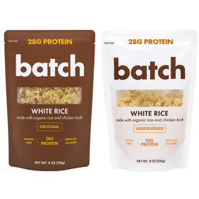 Batch Foods Organic Protein Rice with Collagen bag on kitchen counter, ready-to-heat meal option
