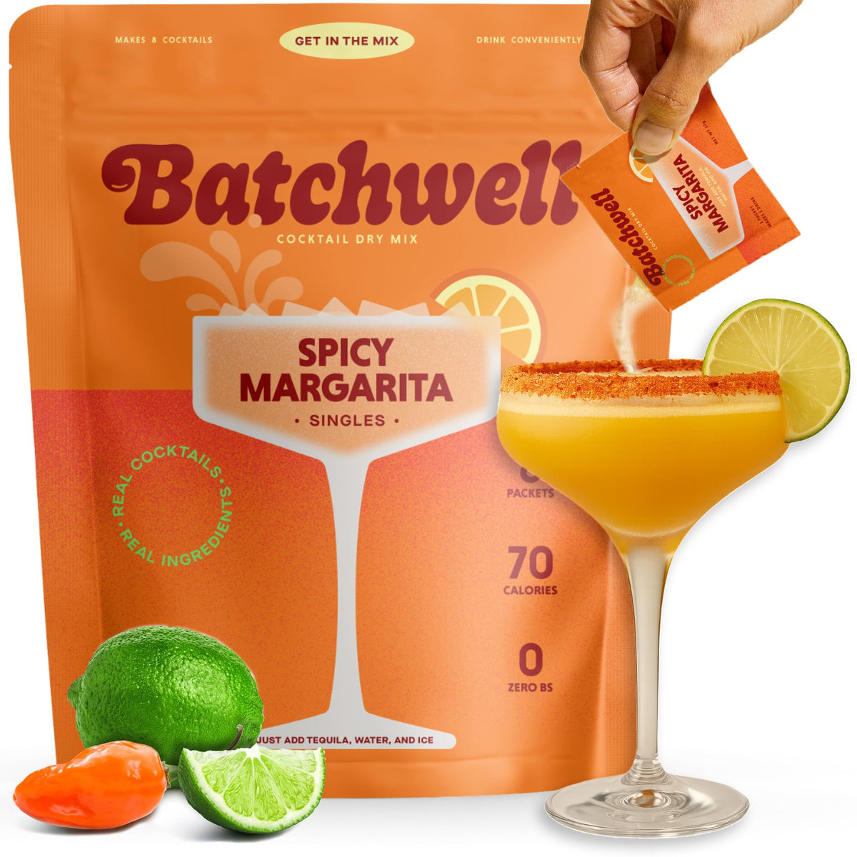 Batchwell Spicy Margarita Mix bottle showing real lime flavor for crisp cocktails.
