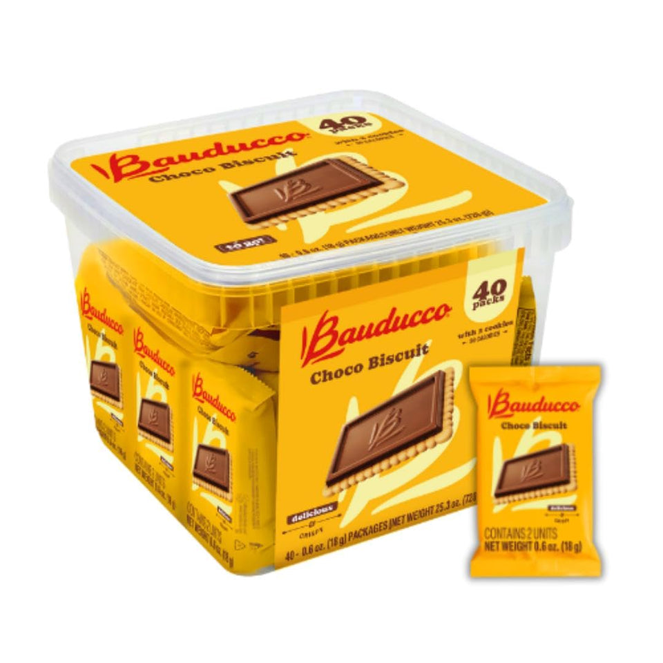 Bauducco Choco Biscuit cookies packaging with individual wrappers for on-the-go snacking