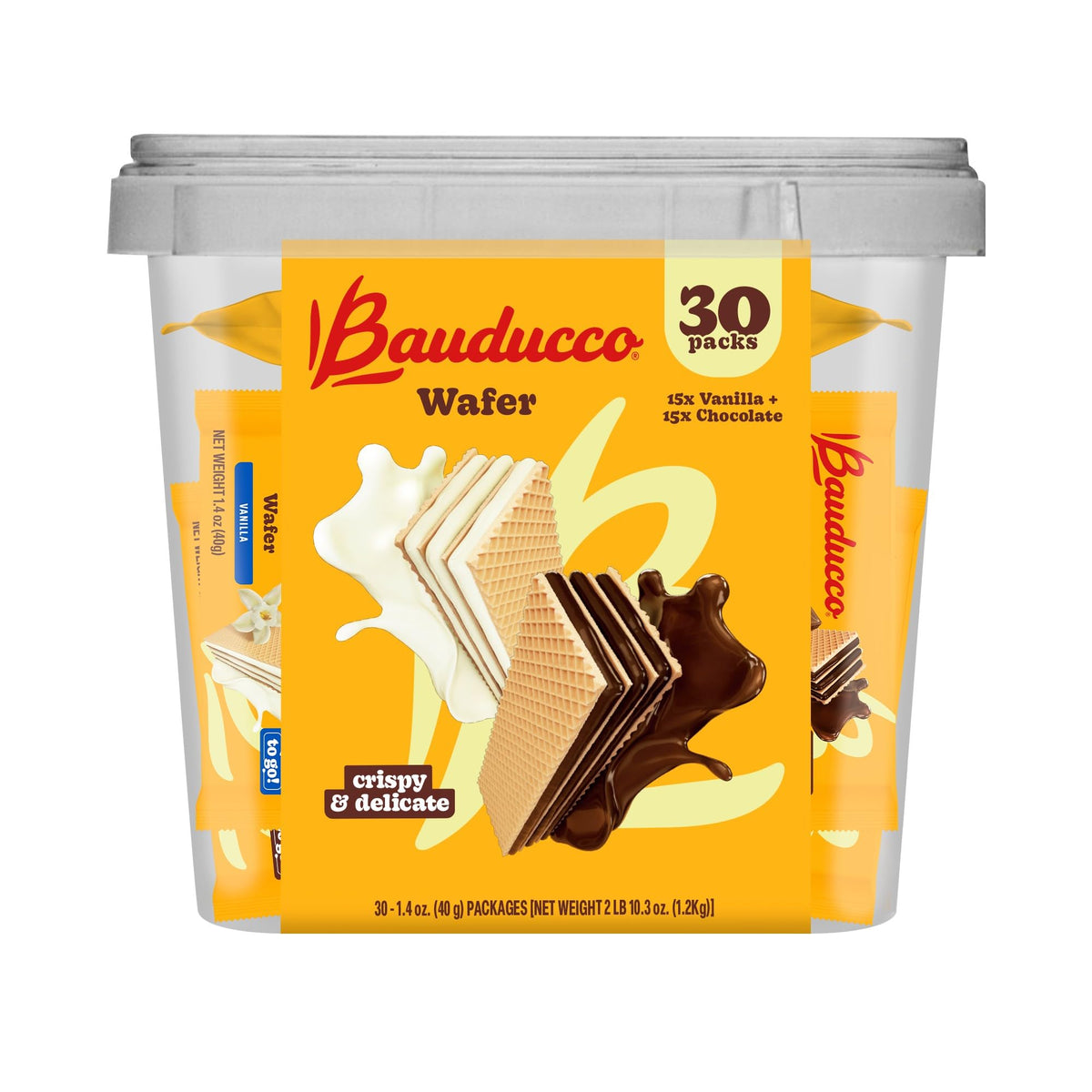 Close-up of Bauducco chocolate wafer showing crisp layers and creamy filling