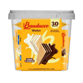 Close-up of Bauducco chocolate wafer showing crisp layers and creamy filling