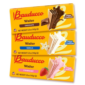 Bauducco wafer cookies in assorted chocolate, vanilla, and strawberry with crisp texture