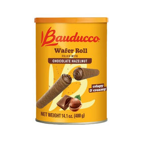 Bauducco wafer rolls closeup highlights creamy hazelnut filling with a smooth bite.