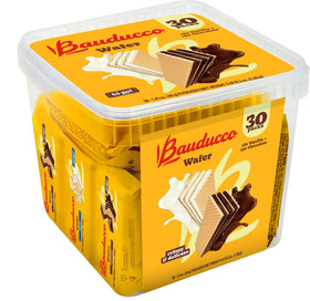 Bauducco wafer tub showing chocolate and vanilla flavors for sharing