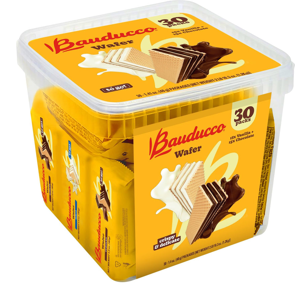 Bauducco wafer tub showing chocolate and vanilla flavors for sharing