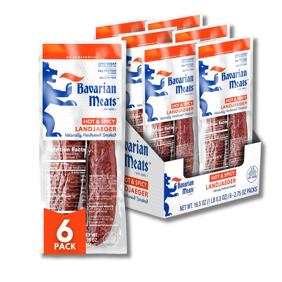 Bavarian Meats hot and spicy landjaeger snack sticks pack of six for on-the-go protein.