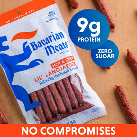 Lil' Landjaeger stick close-up highlighting bold spicy flavor from Bavarian Meats.