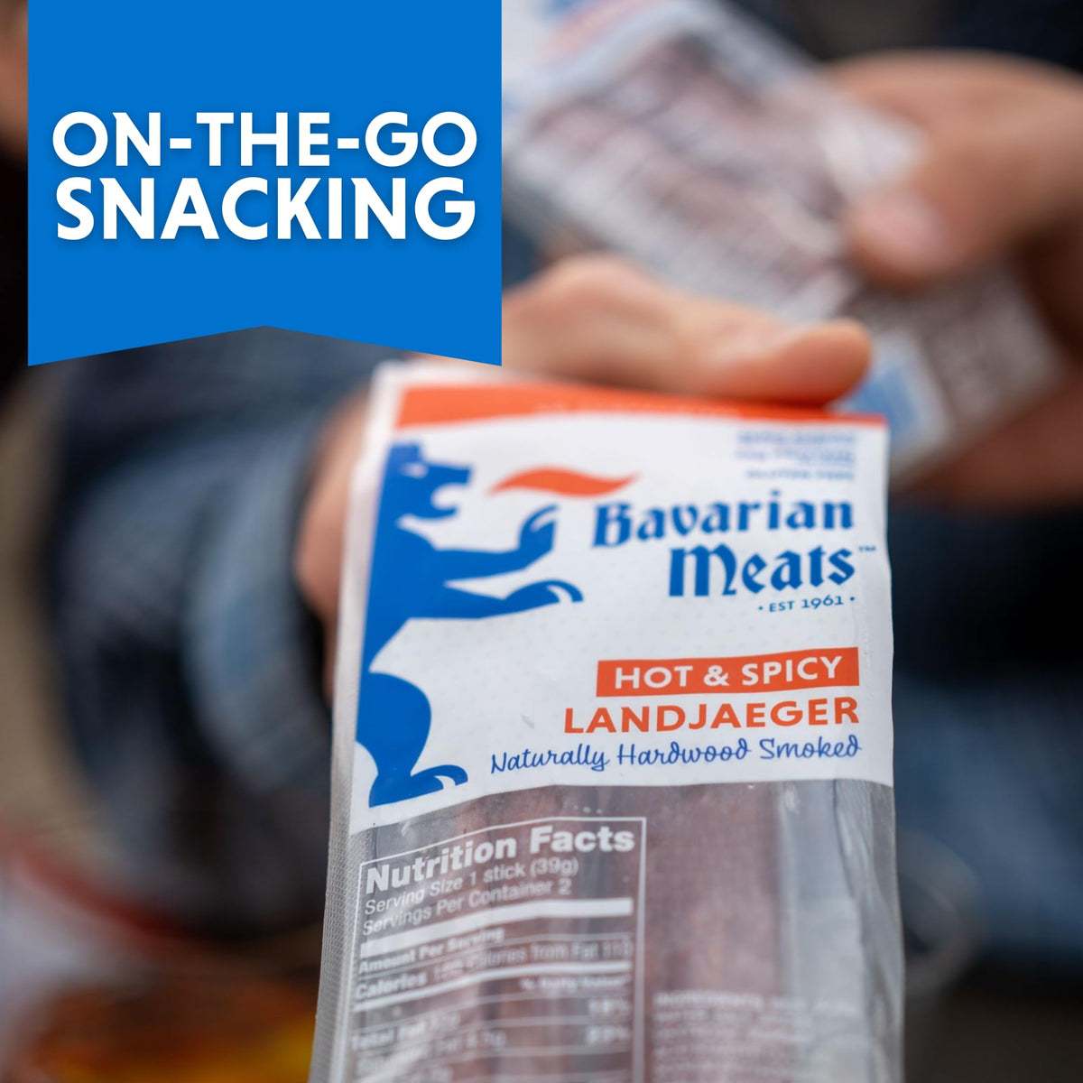 Bavarian Meats Landjaeger in a hiking backpack for outdoor protein.