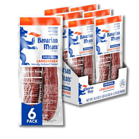 Bavarian Meats Landjaeger sticks in a six-pack, high-protein on-the-go snack.