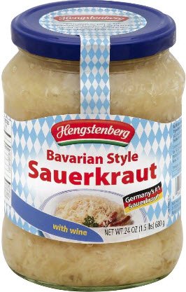 Bavarian Sauerkraut 24oz jar front view, ideal for pairing with sausages and sandwiches