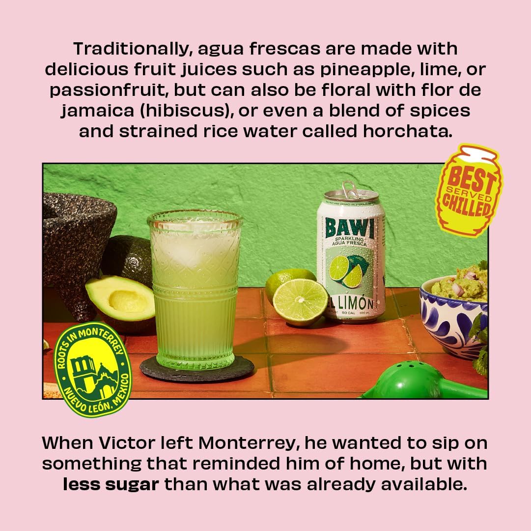Bawi Agua Fresca bottle being poured into a glass to reveal crisp taste.