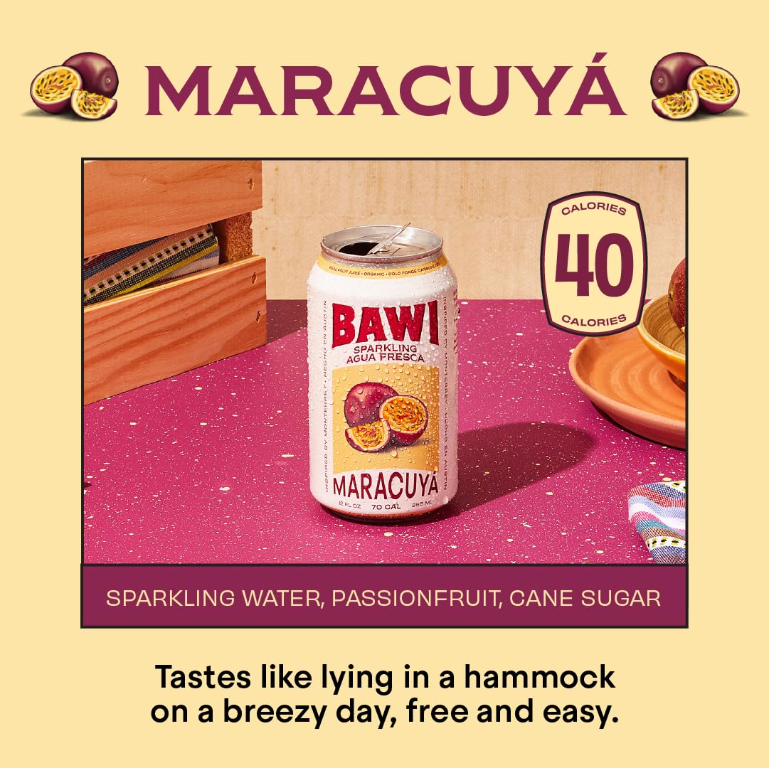 Bawi Agua Fresca Passion Fruit sparkling drink can side-angled view for casual refreshment