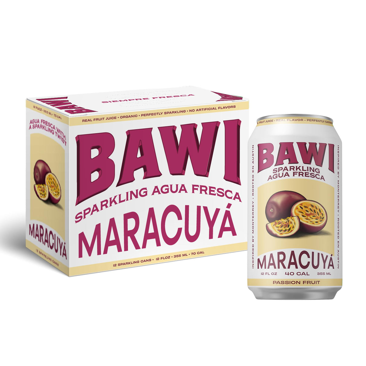 Bawi Agua Fresca Passion Fruit sparkling drink front view, refreshing sip