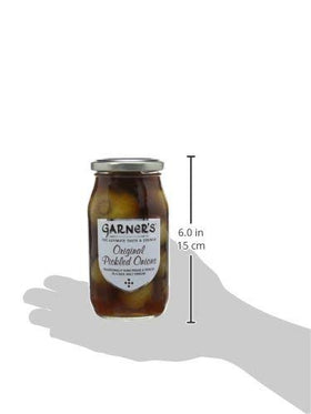 Baxters Garner's Pickled Onions label closeup focusing on imported quality