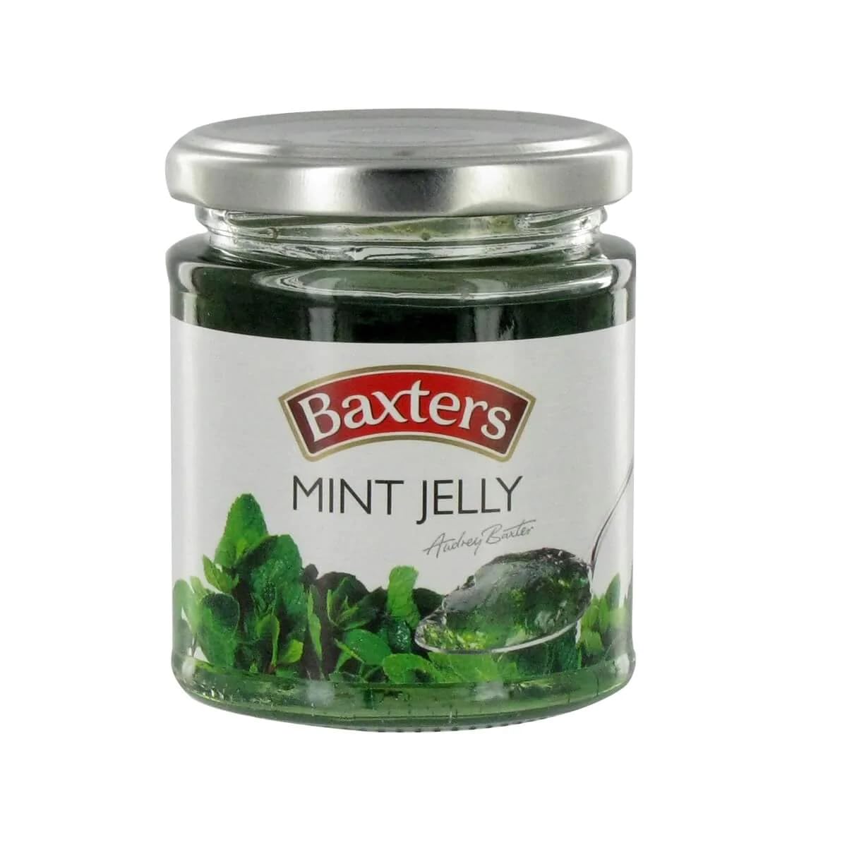 Baxters Mint Jelly jar close-up, ideal glaze for roasts and cheese boards.