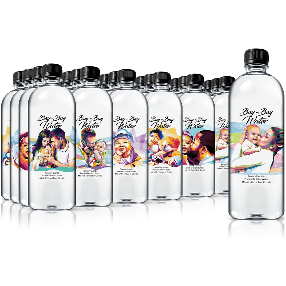 Bay-Bay Water purified distilled baby water in a 16.9 oz bottle for daily use.