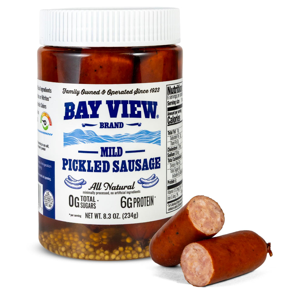 Bay View all natural pickled sausage pack shot highlighting gluten-free and nitrate-free quality.
